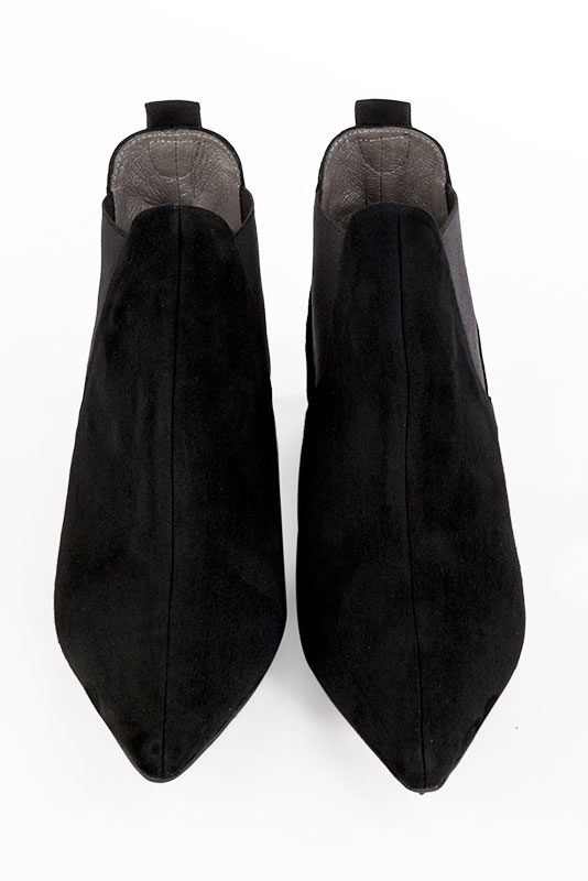 Matt black women's ankle boots, with elastics. Pointed toe. Flat block heels. Top view - Florence KOOIJMAN